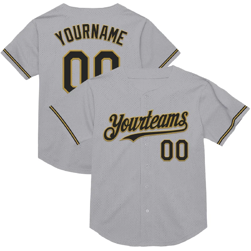 Baseball Jersey for Maximum Agility and Range of Motion-Custom Gray Black-Old Gold Mesh Authentic Throwback Baseball Jersey