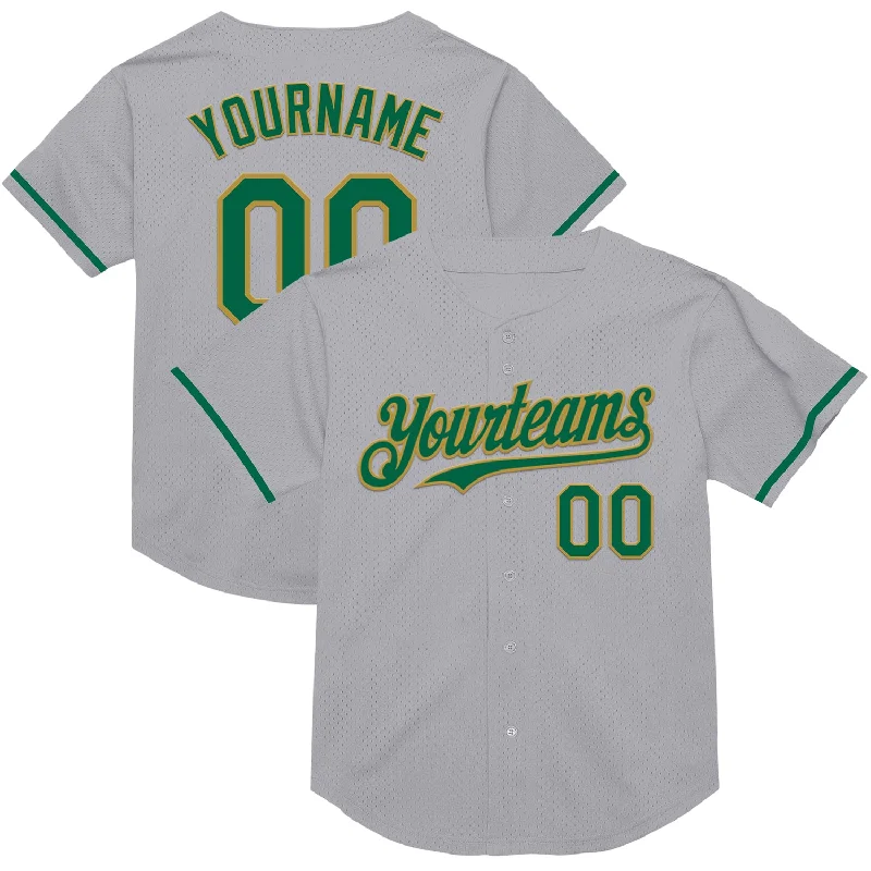 Custom Baseball Jersey for Team Uniforms-Custom Gray Kelly Green-Old Gold Mesh Authentic Throwback Baseball Jersey