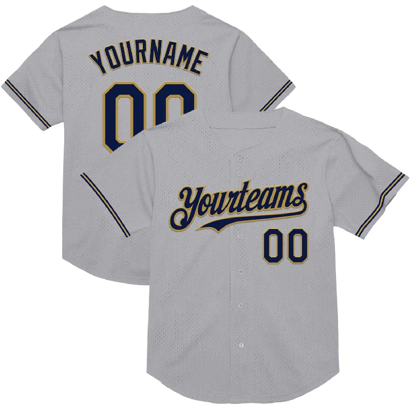 Baseball Jersey for Professional Use and Casual Wear-Custom Gray Navy-Old Gold Mesh Authentic Throwback Baseball Jersey