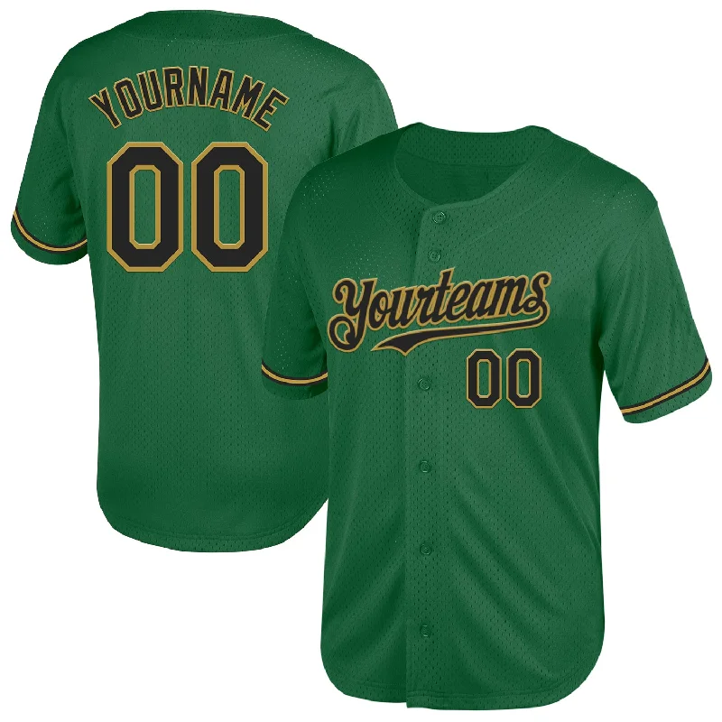 Baseball Jersey for Comfortable Fit and Look-Custom Kelly Green Black-Old Gold Mesh Authentic Throwback Baseball Jersey