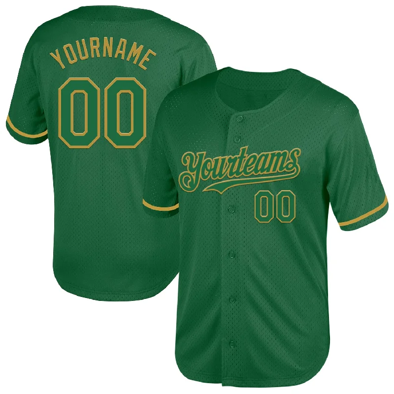 Baseball Jersey for Best Performance in Warm Weather-Custom Kelly Green Old Gold Mesh Authentic Throwback Baseball Jersey