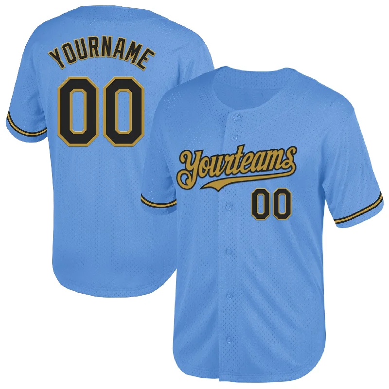 Baseball Jersey for Tight, Athletic Fit-Custom Light Blue Black-Old Gold Mesh Authentic Throwback Baseball Jersey