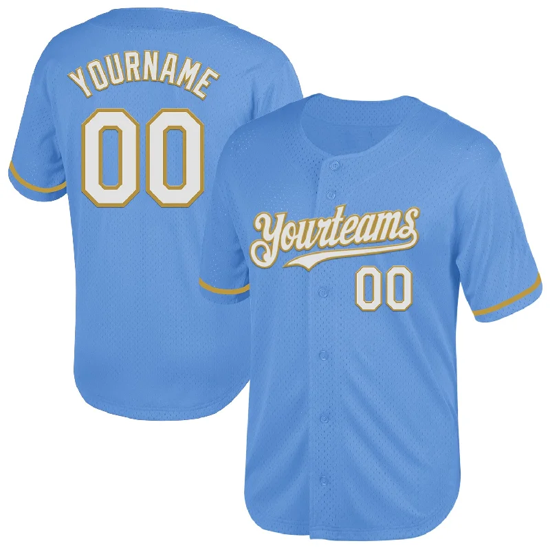 Baseball Jersey for Youth and Professional Athletes-Custom Light Blue White-Old Gold Mesh Authentic Throwback Baseball Jersey