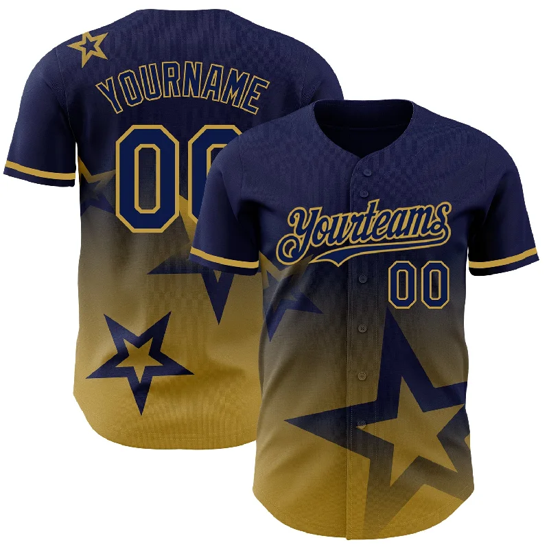 Baseball Jersey with Moisture-Wicking Technology for Comfort-Custom Navy Old Gold 3D Pattern Design Gradient Style Twinkle Star Authentic Baseball Jersey