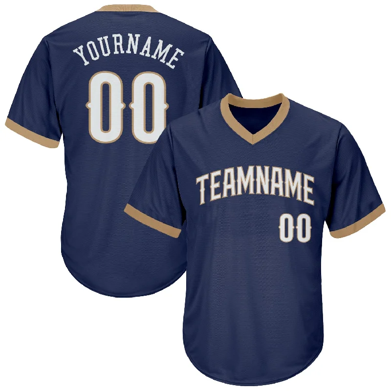 Baseball Jersey with Adjustable Fit and Breathability-Custom Navy White-Old Gold Authentic Throwback Rib-Knit Baseball Jersey Shirt