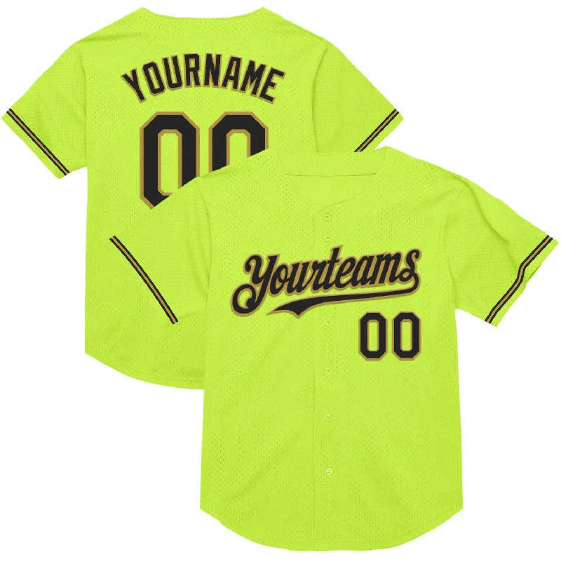 Baseball Jersey for Maximum Performance and Protection-Custom Neon Green Black-Old Gold Mesh Authentic Throwback Baseball Jersey