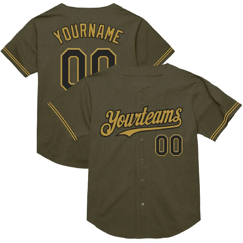 Baseball Jersey with Reinforced Seams for Durability-Custom Olive Black-Old Gold Mesh Authentic Throwback Salute To Service Baseball Jersey