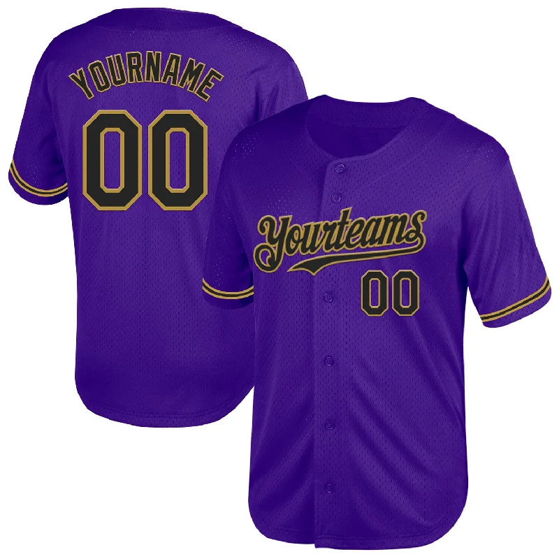 Baseball Jersey for Comfortable Swinging and Batting-Custom Purple Black-Old Gold Mesh Authentic Throwback Baseball Jersey