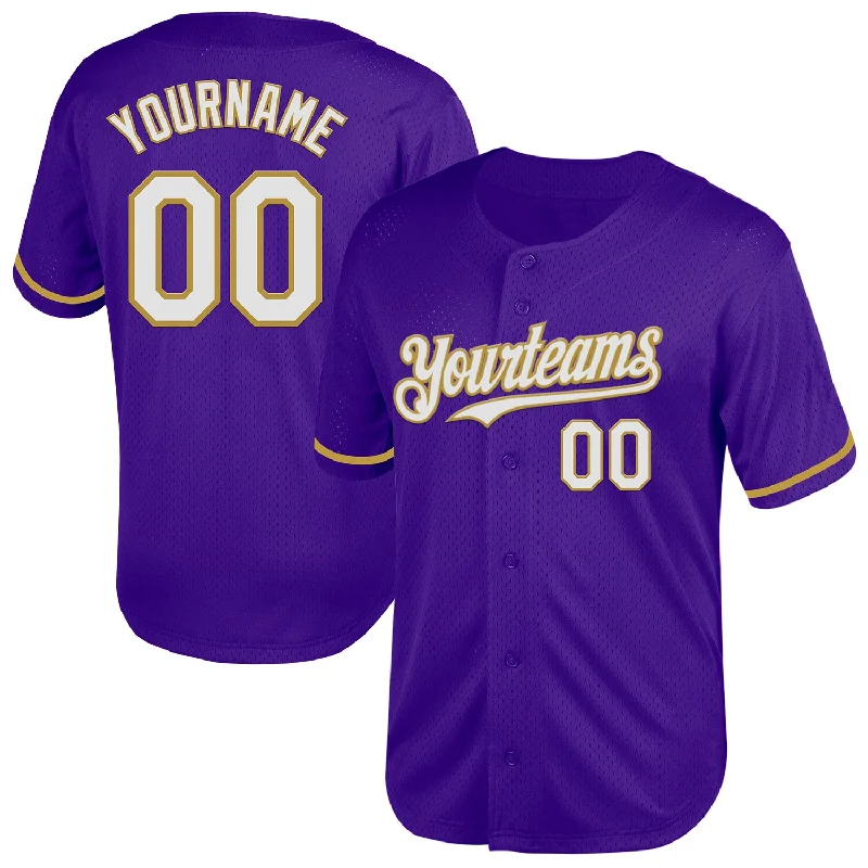 Baseball Jersey for Breathable Fabric and Soft Fit-Custom Purple White-Old Gold Mesh Authentic Throwback Baseball Jersey