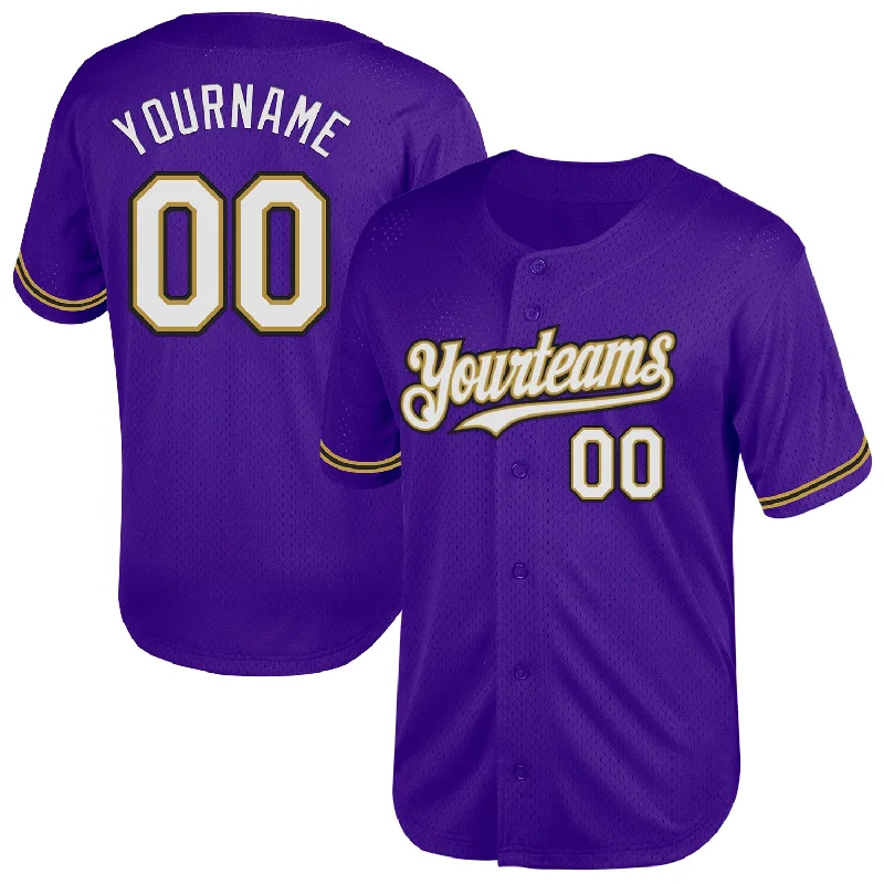 Baseball Jersey with Soft Inner Layer for Comfort-Custom Purple Old Gold-Black Mesh Authentic Throwback Baseball Jersey