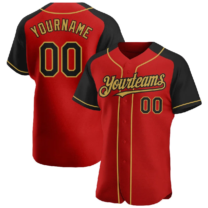 Baseball Jersey with Reinforced Seams for Extra Durability-Custom Red Black-Old Gold Authentic Raglan Sleeves Baseball Jersey