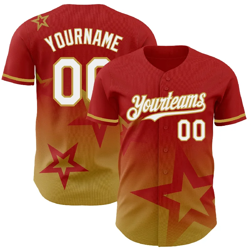 Baseball Jersey for Perfect Fit and Maximum Performance-Custom Red White-Old Gold 3D Pattern Design Gradient Style Twinkle Star Authentic Baseball Jersey