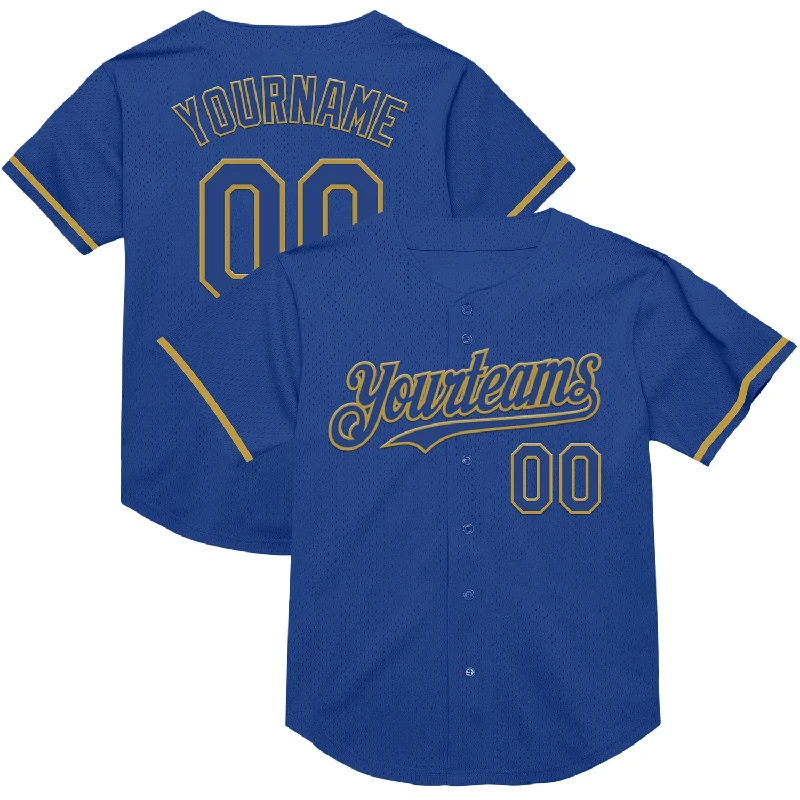 Baseball Jersey for Outdoor and Indoor Games-Custom Royal Old Gold Mesh Authentic Throwback Baseball Jersey