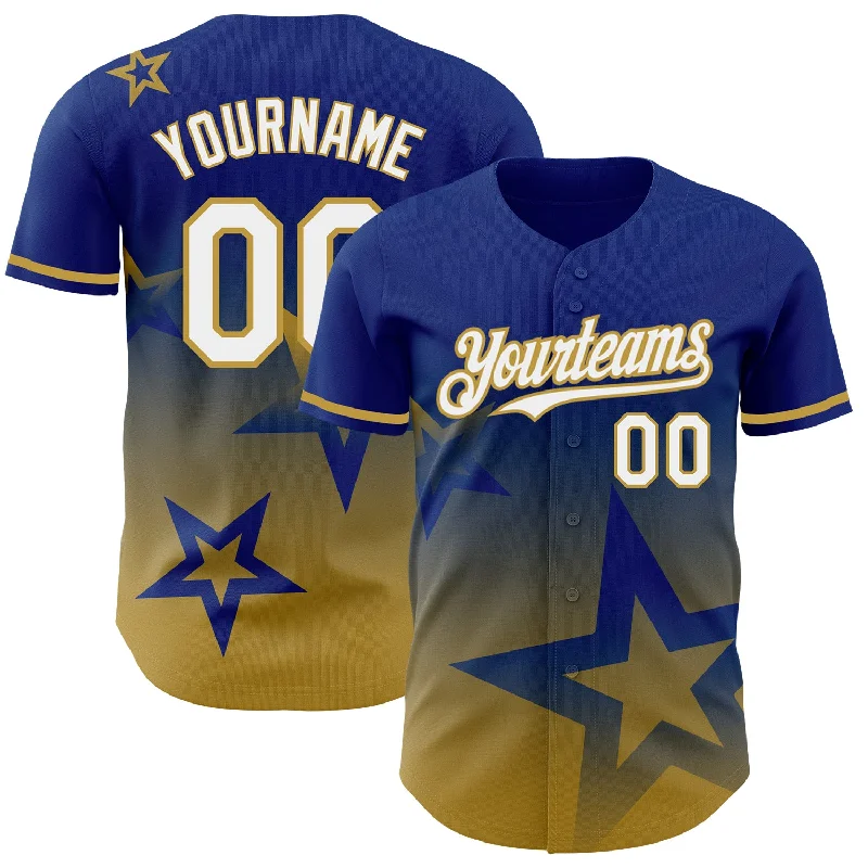 Baseball Jersey for Professional Look and Feel-Custom Royal White-Old Gold 3D Pattern Design Gradient Style Twinkle Star Authentic Baseball Jersey