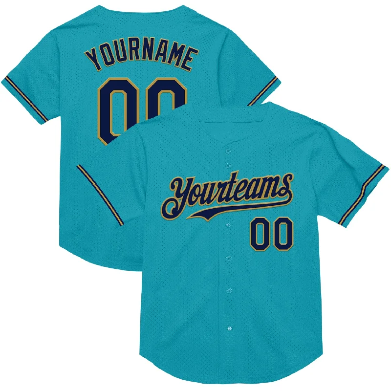 Baseball Jersey for Custom Names and Numbers-Custom Teal Navy-Old Gold Mesh Authentic Throwback Baseball Jersey