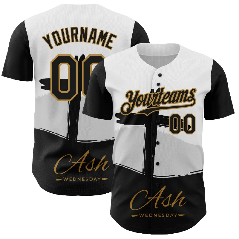 Baseball Jersey for All-Weather Game-Day Comfort-Custom White Black-Old Gold 3D Pattern Design Religion Cross Jesus Christ Ash Wednesday Authentic Baseball Jersey