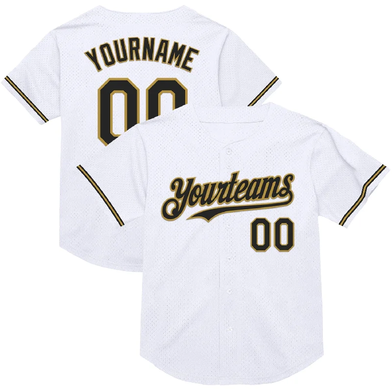 Baseball Jersey for Durable, Long-Lasting Performance-Custom White Black-Old Gold Mesh Authentic Throwback Baseball Jersey