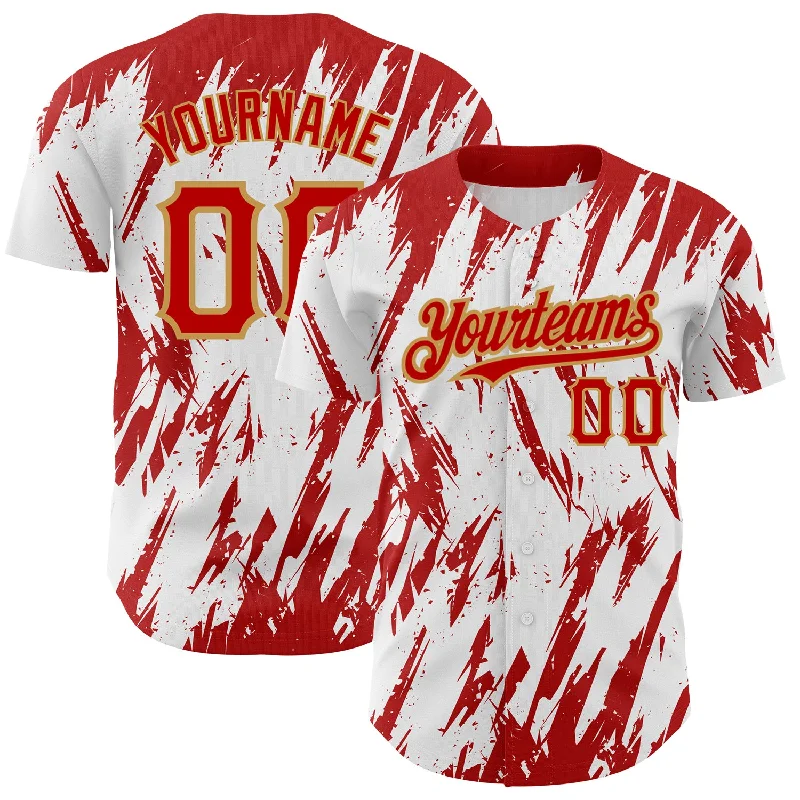 Baseball Jersey for Quick-Drying Comfort and Performance-Custom White Red-Old Gold 3D Pattern Design Abstract Sharp Shape Authentic Baseball Jersey