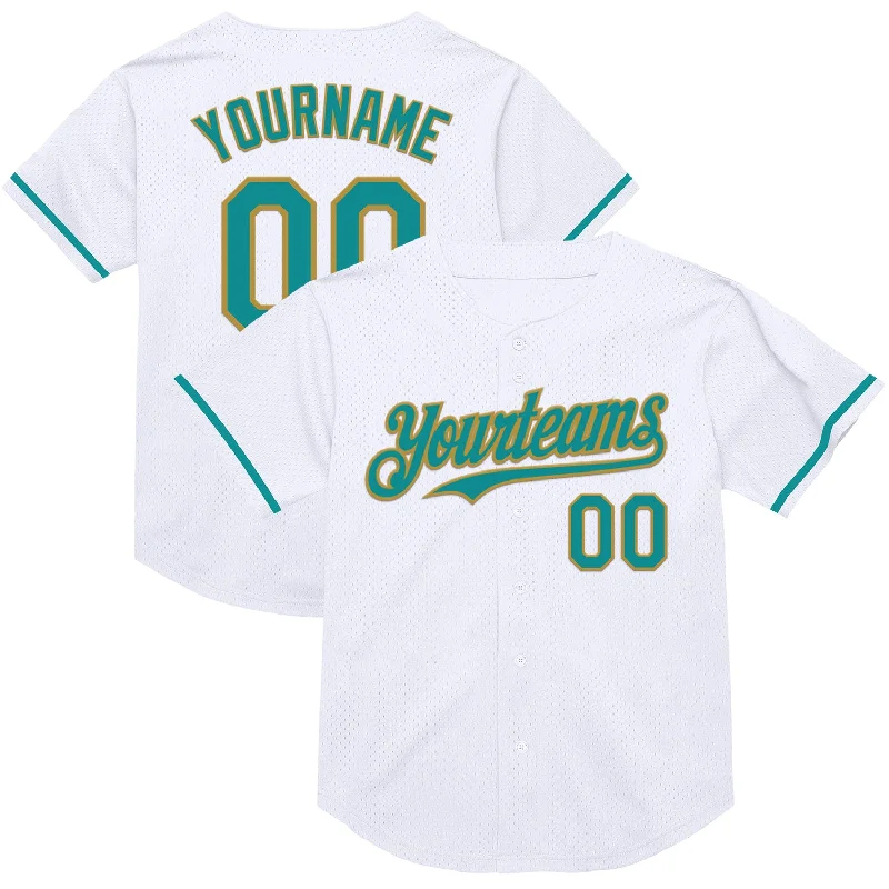 Baseball Jersey with Adjustable Fit for Custom Comfort-Custom White Teal-Old Gold Mesh Authentic Throwback Baseball Jersey