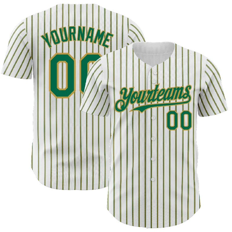 Baseball Jersey with Stretch for Better Fit-Custom White (Kelly Green Old Gold Pinstripe) Kelly Green-Old Gold Authentic Baseball Jersey