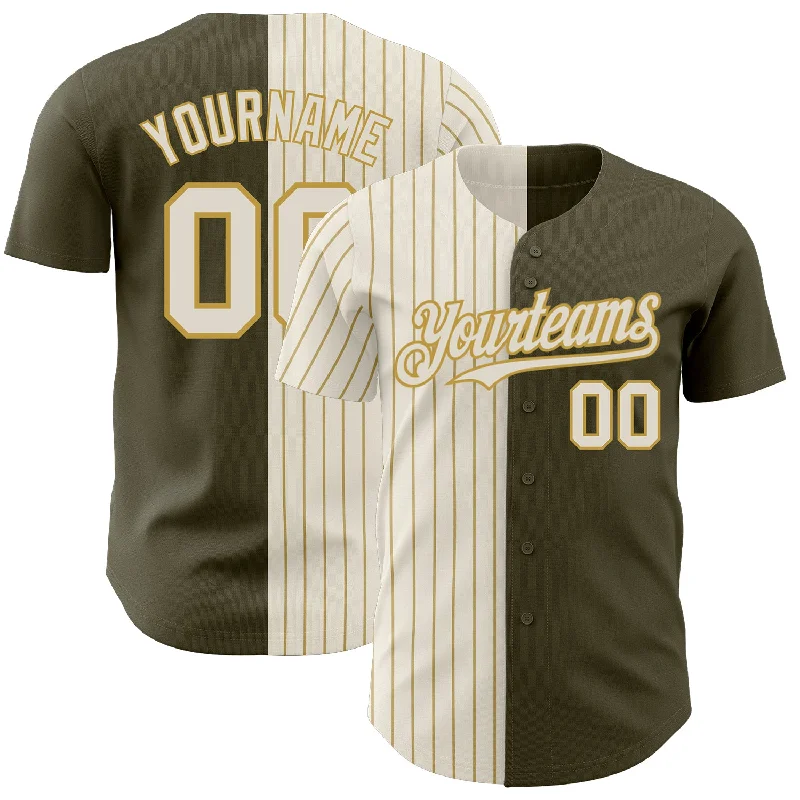 Baseball Jersey for Maximum Performance and Breathability-Custom Olive Cream-Old Gold Pinstripe Authentic Split Fashion Salute To Service Baseball Jersey