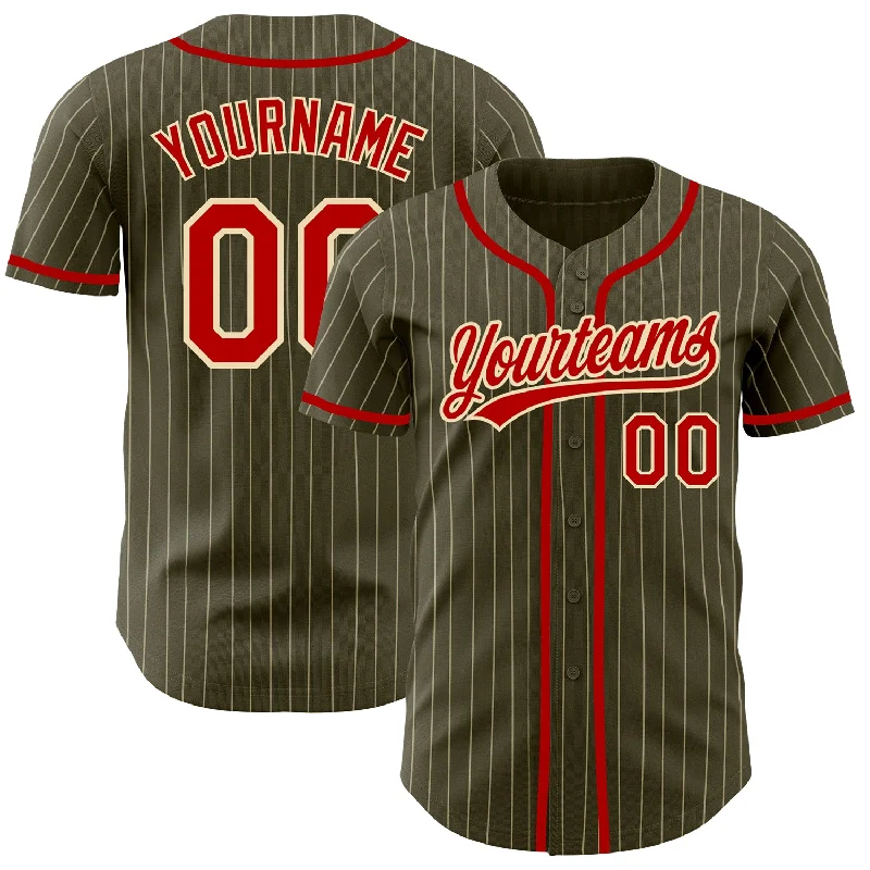 Baseball Jersey for Maximum Agility and Range of Motion-Custom Olive City Cream Pinstripe Red Authentic Salute To Service Baseball Jersey