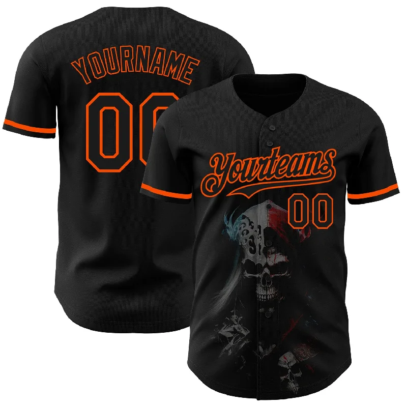 Baseball Jersey with Breathable Fabric-Custom Black Orange 3D Skull Fashion Authentic Baseball Jersey