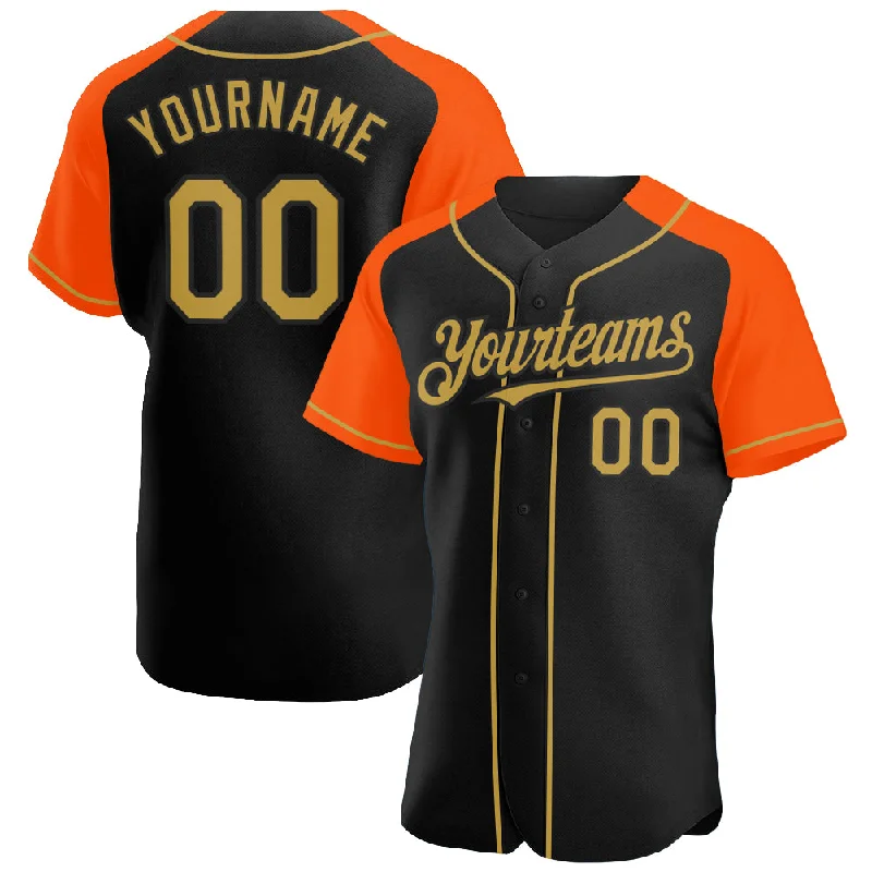 Baseball Jersey for Warm-Weather Play-Custom Black Old Gold-Orange Authentic Raglan Sleeves Baseball Jersey