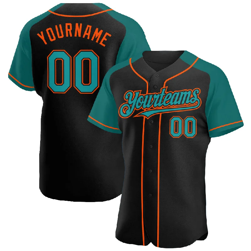 Baseball Jersey for All Ages and Sizes-Custom Black Teal-Orange Authentic Raglan Sleeves Baseball Jersey