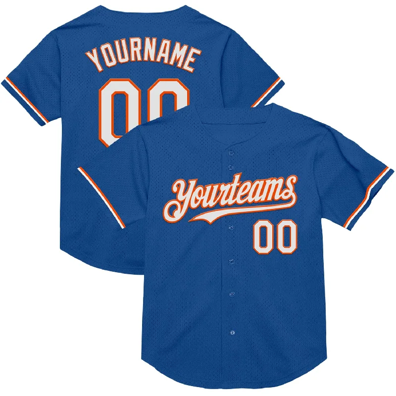 Baseball Jersey for Excellent Freedom of Movement-Custom Blue White-Orange Mesh Authentic Throwback Baseball Jersey