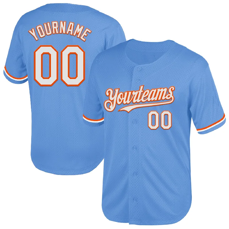 Baseball Jersey with Adjustable Fit and Breathability-Custom Light Blue White-Orange Mesh Authentic Throwback Baseball Jersey