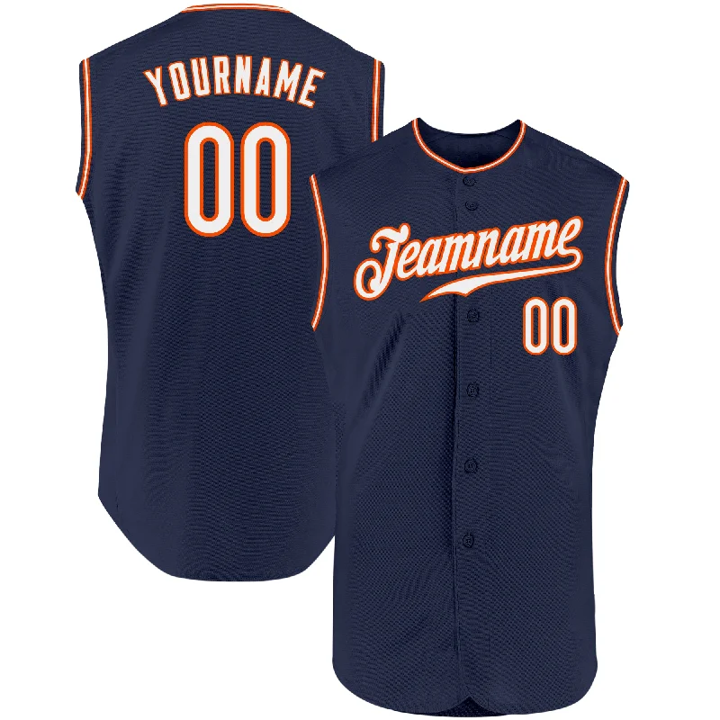 Baseball Jersey with Performance Technology for Comfort-Custom Navy White-Orange Authentic Sleeveless Baseball Jersey