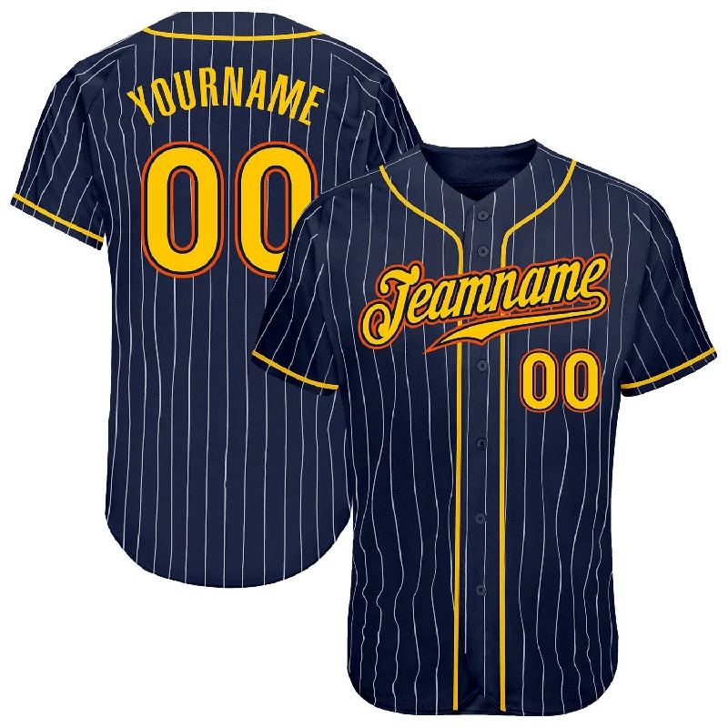 Baseball Jersey with High-Quality Materials for Durability-Custom Navy White Pinstripe Gold-Orange Authentic Baseball Jersey