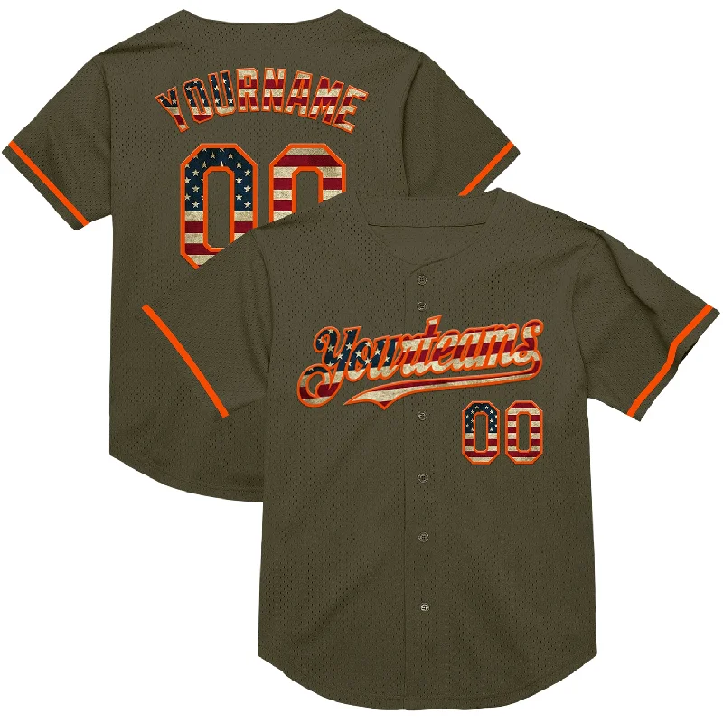 Baseball Jersey for Stylish, Functional Design-Custom Olive Vintage USA Flag-Orange Mesh Authentic Throwback Salute To Service Baseball Jersey