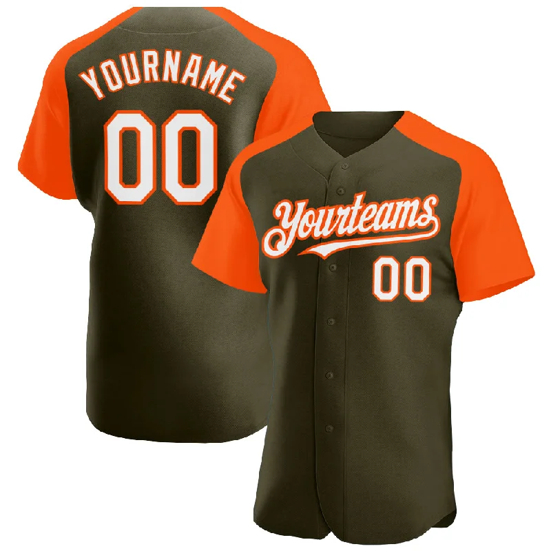 Baseball Jersey for Dynamic Movements on the Field-Custom Olive White-Orange Authentic Raglan Sleeves Salute To Service Baseball Jersey