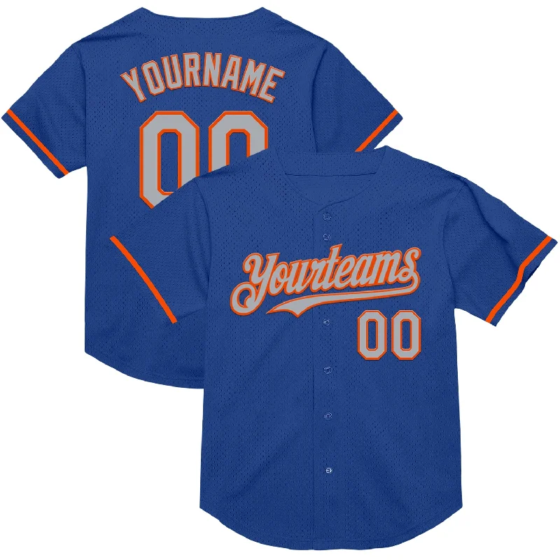 Baseball Jersey with Stretchable Fabric for Comfort-Custom Royal Gray-Orange Mesh Authentic Throwback Baseball Jersey