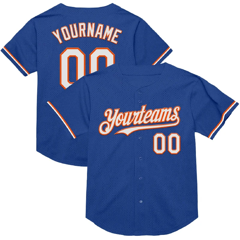 Baseball Jersey with Moisture Control for Comfort-Custom Royal White-Orange Mesh Authentic Throwback Baseball Jersey