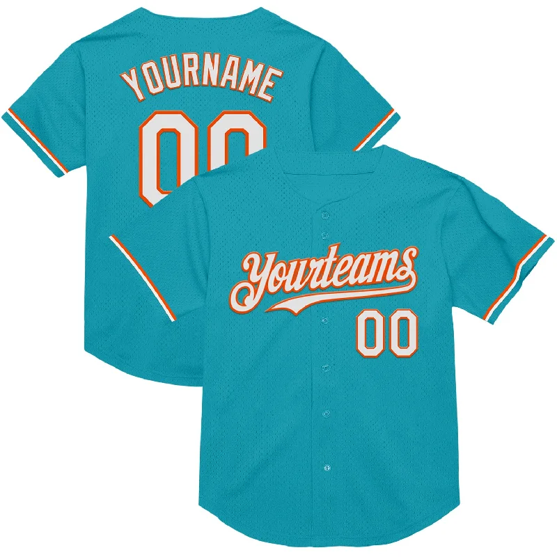 Baseball Jersey with Durable Outer Layer for Protection-Custom Teal White-Orange Mesh Authentic Throwback Baseball Jersey