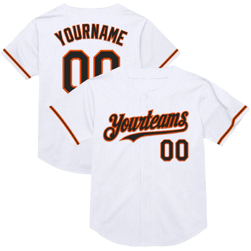 Baseball Jersey with Customizable Features for Teams-Custom White Black-Orange Mesh Authentic Throwback Baseball Jersey