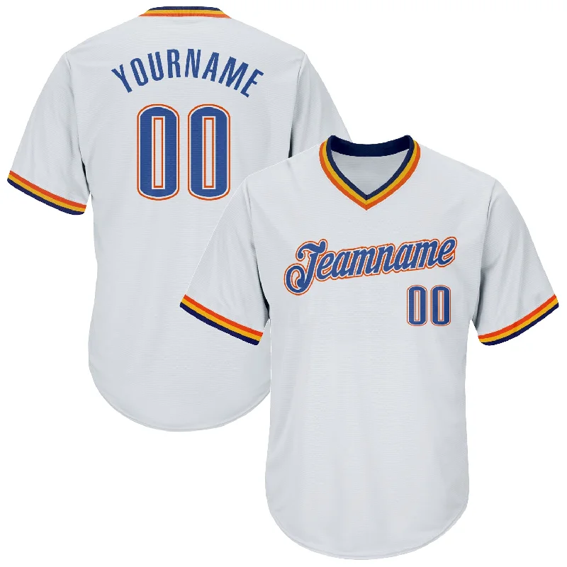 Baseball Jersey with Enhanced Stretch for Play-Custom White Blue Navy-Orange Authentic Throwback Rib-Knit Baseball Jersey Shirt