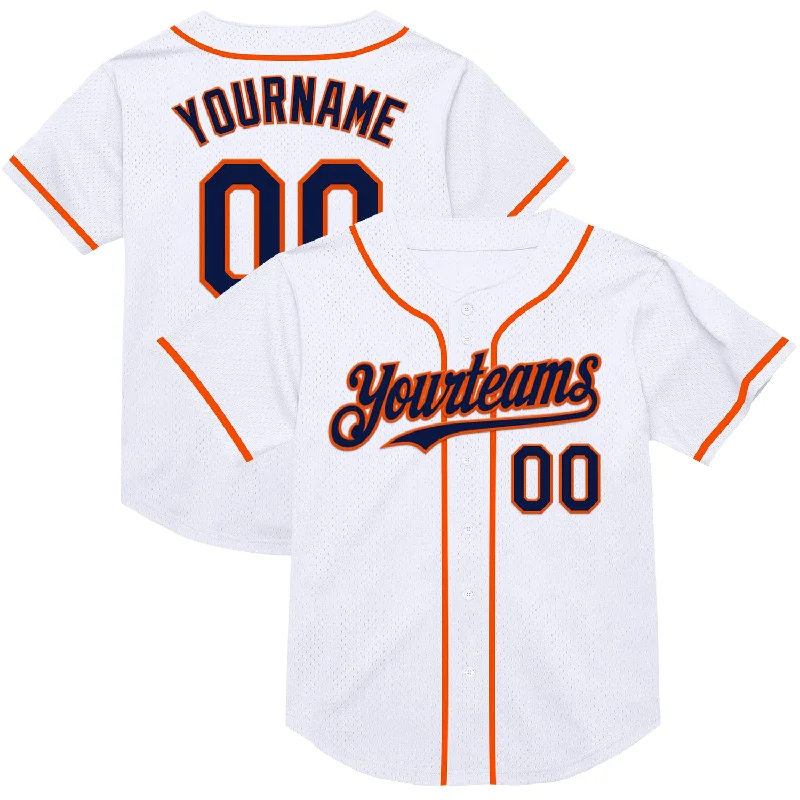 Baseball Jersey for All-Weather Performance and Comfort-Custom White Navy-Orange Mesh Authentic Throwback Baseball Jersey