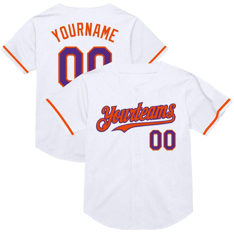 Baseball Jersey for Quick-Drying Comfort and Performance-Custom White Purple-Orange Mesh Authentic Throwback Baseball Jersey