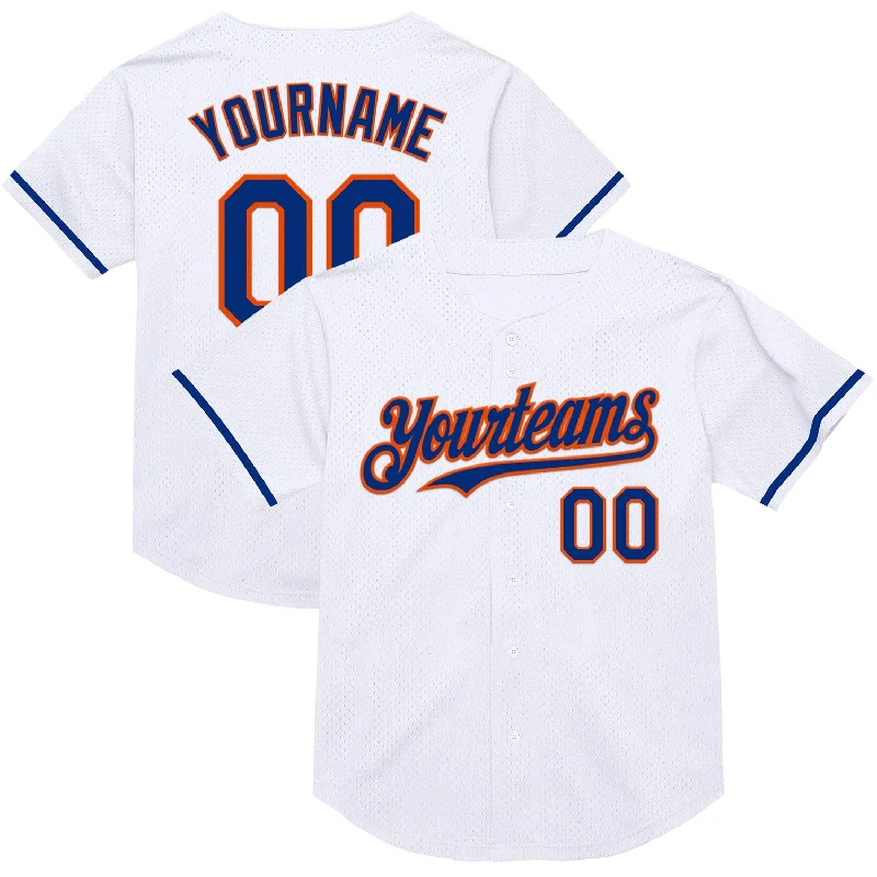 Baseball Jersey with Enhanced Stretch for Play-Custom White Royal-Orange Mesh Authentic Throwback Baseball Jersey