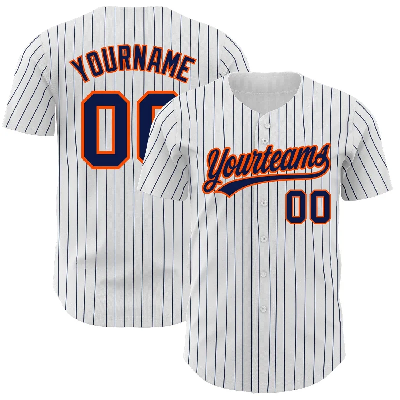 Baseball Jersey for Custom Names and Numbers-Custom White Navy Pinstripe Navy-Orange Authentic Baseball Jersey