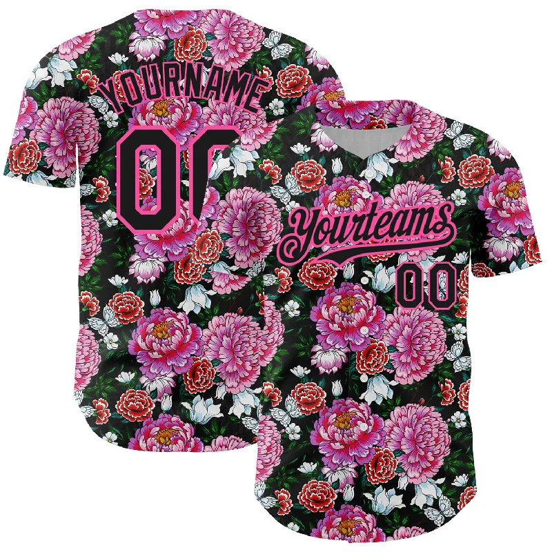 Baseball Jersey for Custom Team Designs-Custom Pink Black 3D Pattern Design Northeast China Big Flower Authentic Baseball Jersey