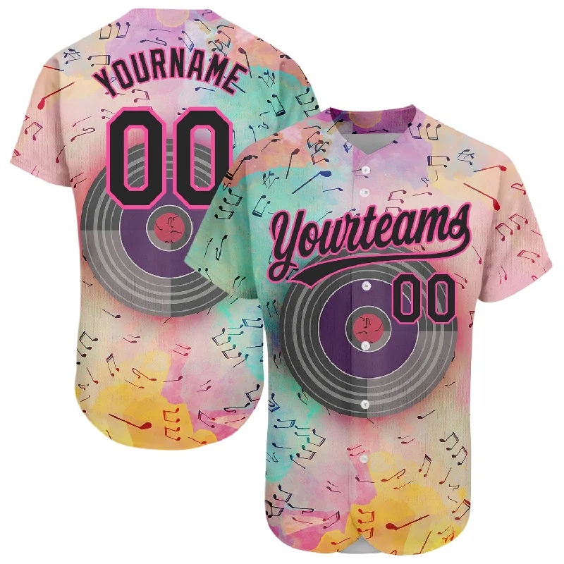 Baseball Jersey for Ideal Fit and Comfort-Custom Pink Black 3D Pattern Design Music Festival Watercolor Colored Musical Notes Authentic Baseball Jersey