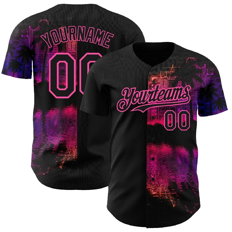 Baseball Jersey for Active Players and Dynamic Movements-Custom Black Pink 3D Pattern Design Hawaii Palm Trees Authentic Baseball Jersey