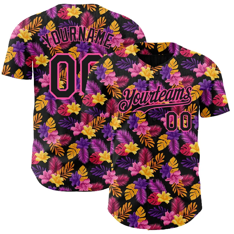 Baseball Jersey for Ideal Fit and Comfort-Custom Black Pink 3D Pattern Design Tropical Flower And Hawaii Palm Leaves Authentic Baseball Jersey