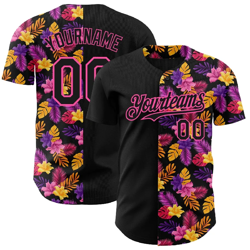 Baseball Jersey for Warm-Weather Play-Custom Black Pink 3D Pattern Design Tropical Flower And Hawaii Palm Leaves Authentic Baseball Jersey