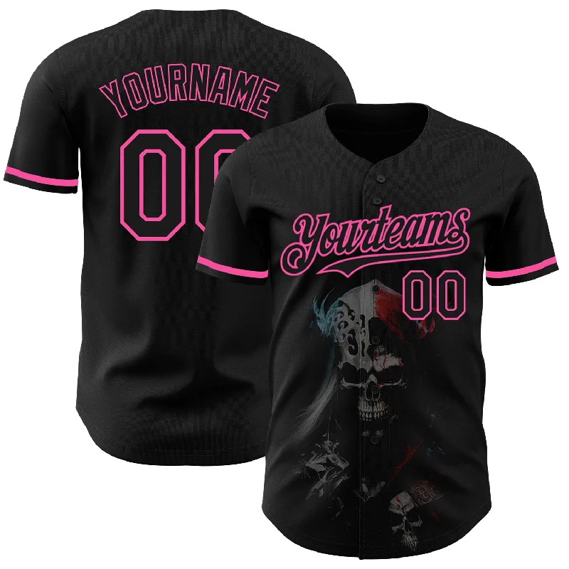 Baseball Jersey for Comfortable Fit-Custom Black Pink 3D Skull Fashion Authentic Baseball Jersey